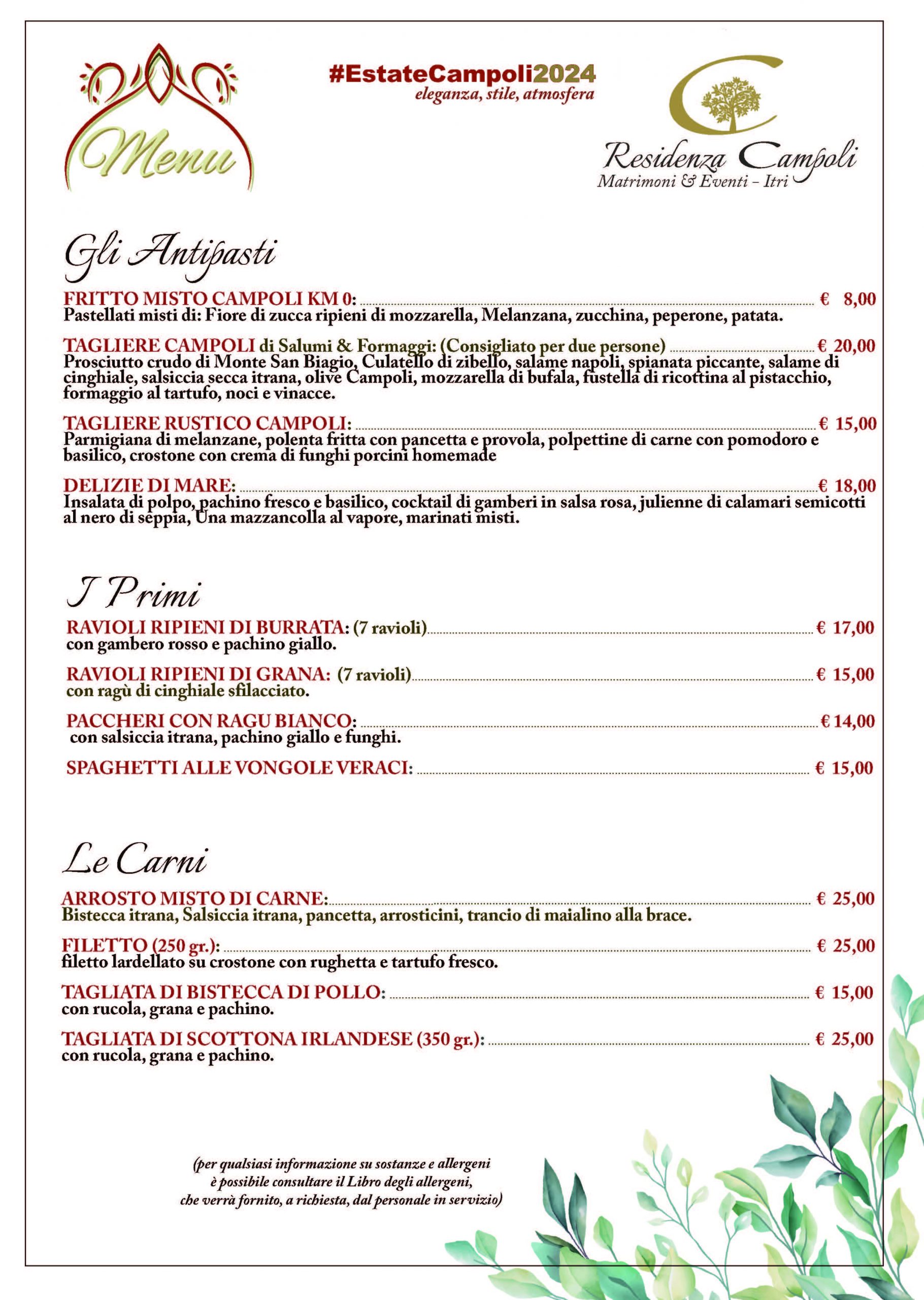 Menu San Valentino 2023 Residenza Campoli Itri